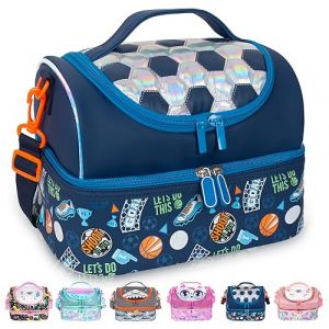 PinkSheep Sac Isotherme Repas Enfant Double &Eacute;tage, Sac &agrave; Go&ucirc;ter avec Sangle R&eacute;glable, Grand Format pour Gar&ccedil;ons et Filles (Football bleu) (Pink Sheep, neuf)