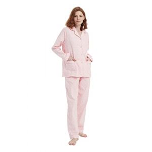 Amaxer Pyjama Femme Hiver Chaud 100% Flanelle Ensembles de Pyjama Cotton Chemise de Nuit Longue| Points Roses et Blancs,L (salute kleidung, neuf)