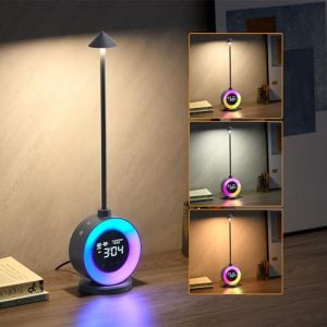 Morwealth Lampe de chevet LED Dimmable, Lampe de table LED sans fil avec horloge/réveil/sommeil/lumière de nuit RVB avec 7 bruits de sommeil Lampe de bureau pour chambre,salon (Morwealth, neuf)