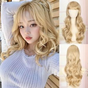 Perruque blonde longue ondul&eacute;e frange, perruque longue ondul&eacute;e boucl&eacute;e femme, perruque cheveux synth&eacute;tiques naturels, perruque pour f&ecirc;tes, costumes d'Halloween et cosplay, 56 cm (22 pouces), blonde (Creamily Hair, neuf)