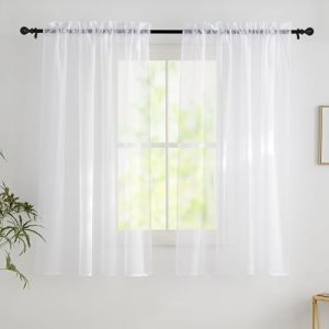 PONY DANCE Rideau Voilage 140x160 - Blanc Rideaux Draperies Transparent Passe Tringle Décoration de Maison Romantique Elégant pour Porte Cuisine Fenetre, L 140 x H 160 cm, 2 Pièces (RYB HOME EU, neuf)
