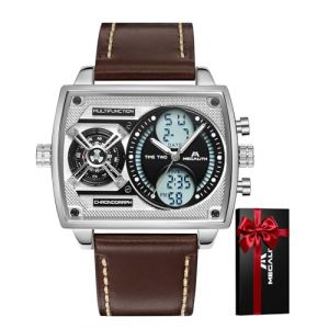 MEGALITH Montre Homme Digitale Cuir: Etanche Analogique Zone Multi-temporelle Montre Bracelet Homme - Grand Cadran Carr&eacute; Design Mode Marron (KDM Direct-FR, neuf)