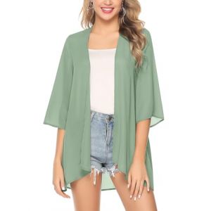 Irevial​​ Cardigan D'été Femme Manches 3/4 Boléro élégant en Mousseline de Soie Kimono Cache-maillots et sarongs Châle Chic pour Femme Gris Vert,XL (FUZHOUJINGSI-EU, neuf)
