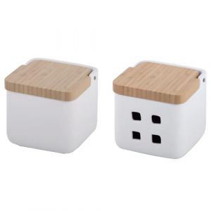 KOOK TIME Set d'accessoires de cuisine - Comprend salière de cuisine et pot à ail - Pot à ail et salière de cuisine avec couvercle basculant - Céramique et bambou - 11,5 x 11,5 x 11,5 cm (Set 2 Blanc) (Kook Shop, neuf)