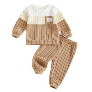 Caziffer Ensemble B&eacute;b&eacute; Gar&ccedil;on 2 Pi&egrave;ces en Patchwork Tenue B&eacute;b&eacute; Sweat &agrave; Couleur Contrast&eacute;e + Pantalon &agrave; Taille &Eacute;lastique V&ecirc;tement Naissance pour Petit Gar&ccedil;on 3 Mois-3 Ans (Abricot, 2-3 Ans) (baixia, neuf)