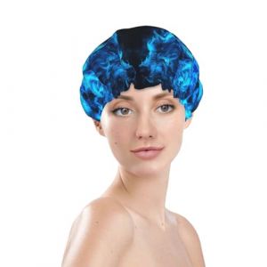 Bonnet de douche pour femme, r&eacute;utilisable, imperm&eacute;able, double couche, bande &eacute;lastique, bonnet de bain pour cheveux longs, bonnet de bain bleu glacier pour cheveux de loup de feu pour douche (JinRui-EU, neuf)