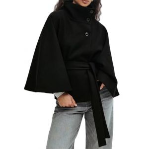 Veste cape &eacute;l&eacute;gante avec ceinture pour femme, col montant, manches chauve-souris, manteau en laine, col montant, Noir , XL (Solariii, neuf)