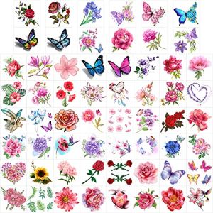 Qpout 60 feuilles Tatouage Temporaire de Fleurs pour Femmes/Filles, tatouage temporaire de rose réaliste, Tatouages de papillons d'enfants et de filles, Rose papillon tatouage autocollant pour adultes (Mopyt, neuf)