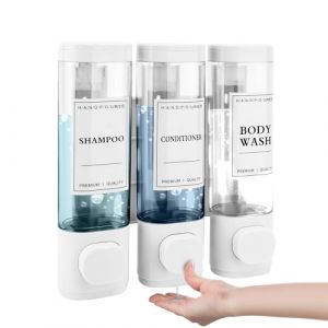 MEKOTRIN Distributeur de Savon Mural, Distributeur Gel Douche, Distributeur Triple de Shampoing et Apr&egrave;s-shampoing sans Per&ccedil;age ABS pour Salle de Bain Cuisine March&eacute; H&ocirc;tel Restaurant 300ML*3(Blanc) (Canterg, neuf)