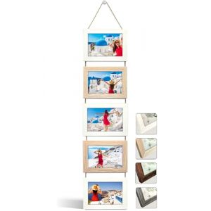 NEOWS Cadre Photo Multiple avec Corde pour Suspendre au Mur - Lot de Cadres Décoratifs pour Accrochage Mural Vertical - Porte Portrait Pele Mele - Photos 10x15 (Blanc et Chêne, 5 Photos Horizontal) (NEOWStore, neuf)