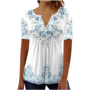 Chemisier Femme Chic et Élégant Manches Courtes Tshirt Chemisiers Et Blouses Grande Taille Imprimé Plissé Henley Tunique Tops Col V Blouse de Soie Boheme Haut Tunique Été Tee Shirt Femmes Solde (⭐⭐⭐⭐⭐AEGJEGVD(5-15 jours Arrivé), neuf)