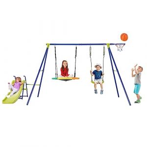 GOPLUS 4 en 1 Balan&ccedil;oire Ext&eacute;rieur, Portique et Balan&ccedil;oire Support de Nid d&rsquo;Oiseau Extra-Large Panier de Basket Balancoires 2 Places Toboggan pour Enfants de 3-12 Ans dans Jardin, Parc (Augenstern24, neuf)