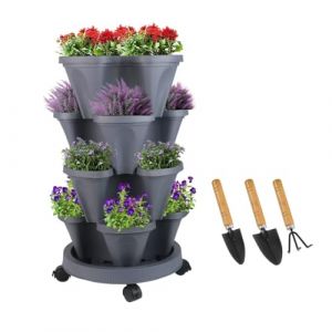 Sthrucrack Jardinière empilable, Tour de Jardin Verticale, Ensemble de jardinières Verticales pour Fraises, Herbes, Fleurs (Gris foncé, 4 Niveaux) (Angerico Direct, neuf)