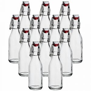 gouveo Lot de 12 bouteilles rondes en verre de 250 ml avec bouchon m&eacute;canique &ndash; Bouteilles vides &agrave; remplir &ndash; Id&eacute;ales pour liqueurs, jus, huiles, vinaigres et sirops (BFR250) (flaschendiscount, neuf)