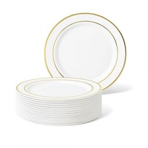 MATANA 25 Assiettes &agrave; Dessert en Plastique Blanc avec Bordure Dor&eacute;e (19cm), Petites Assiettes pour Mariages, Anniversaires, No&euml;l & F&ecirc;tes - Solide & R&eacute;utilisable (Acacia Products, neuf)