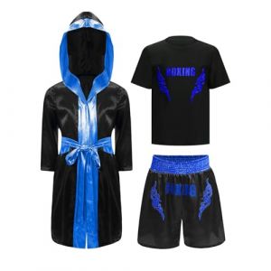 Oyolan Enfant Garçon Short de Boxe et T-Shirt Peignoir Robe de Boxe à Capuche Ensemble Combat Muay Thai MMA Kick Boxing B Noir&Bleu 9-10 Ans (Oyolan EU, neuf)