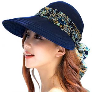 Femme Casquette Visi&egrave;re Large Bord Chapeau de Soleil Plage Voyage Et&eacute; Capeline de Camping P&ecirc;che V&eacute;lo Jardinage Pliable Protection Solaire Compl&egrave;te avec Foulard Prot&egrave;ge-nuque D&eacute;tachable UPF 50+ Anti-UV (QICHENGUK, neuf)