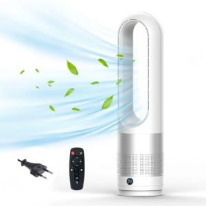 Ventilateur sans rotor avec purificateur d'air, ventilateur de la tour de 18 pouces calme avec télécommande, 8 vitesses, oscillation 80 °, 8H, affichage LED, ventilateur pour chambre (Blanc) (EagerMinds, neuf)