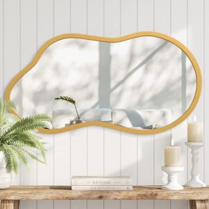 AAZZKANG d'or Miroir asym&eacute;trique.avec Bo&icirc;tier en Bois irr&eacute;guli&egrave;re D&eacute;corer Le Miroir Mural pour Chambre &agrave; Coucher Salle vestiaire Salle de Bain Entr&eacute;e Petite (chuweima, neuf)