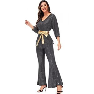 Jutrisujo Déguisement Annee 80 60, 70, 90 Femme Disco Hippie Costume Robe Vetement Halloween Hippie Pantalon Set Grande Taille Argent L (jutrisujo Unique, neuf)