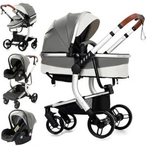Reenborn Cuir PU Poussette 3 en 1, Poussette Bebe avec Réversible Deux Façons de Pousser, Pousette 3 in 1 avec Conception Pliable en Un Clic, Pousette Trio Cadre Aluminium Haute Paysage (518 Grey) (huangzhongguig, neuf)