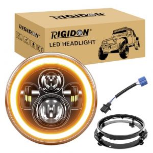 RIGIDON 1x 7 50W Phare Auto Moto LED Avec Anneau de Montage, Phare de Travail 5000LM, Blanc Ambr&eacute; 4 Modes Eclairages Rond Feux LED Off Road Feu DRL HI LO Beam pour Wrangler JK TJ LJ CJ JP Hummber (Sanyue-EU, neuf)