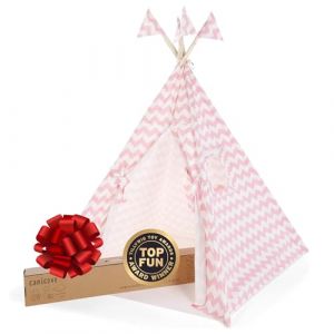 Tente de tipi en Toile pour Enfants, 100% Coton de qualité supérieure avec poteaux en Bois Massif et Drapeaux Amusants - 2 Enfants, intérieur ou extérieur, garçons et Filles, tipi de Jeu Pliable (Chillibean Direct, neuf)