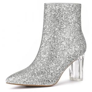 Allegra K Femme Bottines Pailletées Talon Bloc Transparent Argent 41 (Weisser Berg, neuf)