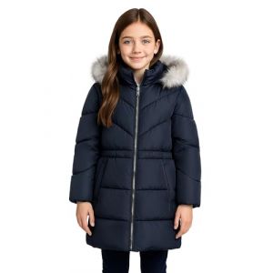 SOLOCOTE Manteau hiver pour filles impermeable doudoune matelasse a capuche doublure polaire bordure fausse fourrure parka long epais pour enfants Marine 11-12 ans (SOLOCOTE, neuf)