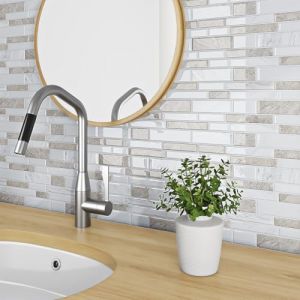 Livelynine Carrelage Adhesif Mural Salle de Bain Marbre Blanc Beige 3D Dalle PVC Adhesive Murale 30x30 16 Pièces Crédence Adhésive Cuisine Résistant à la Chaleur Murale Carreaux Adhesif Cuisine Clair (Livelynine Euro, neuf)
