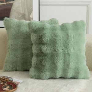 Mandioo Lot de 2 Housses de Coussin D&eacute;coratives en Laine &Eacute;paisse et Doudou Super Douces Vague Bulle Fourrure Velout&eacute;e Taies pour Canap&eacute; Lit Salon 65x65 cm Vert Sauge (Mandioo_eur, neuf)