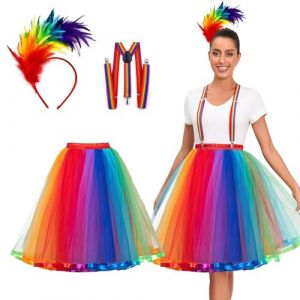 DAZZTIME Femme Ballet Tutu Tulle Jupes,Jupes en Tulle Arc-en-Ciel,avec Bandeau &agrave; Plumes Color&eacute;es,Sangle,Jupon Court en Tutu Femme,pour Festivals,F&ecirc;tes,Carnavals,Halloween Costumes (Dazzling-EU, neuf)
