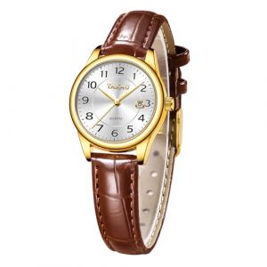 Taxau Montre pour femme en cuir - Style business décontracté - Mode luxe - Avec affichage de la date - Montre sophistiquée - Mouvement à quartz étanche, Bracelet en cuir marron avec cadran doré et (JBWATCH, neuf)