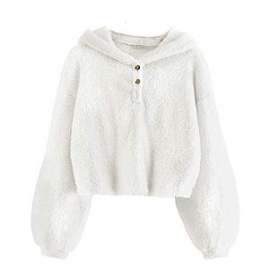 Sweat &agrave; capuche teddy pelucheux &agrave; manches longues court pour filles - Couleur unie - Chaud - Ample - Boutonn&eacute; - Pull &agrave; capuche - Veste polaire sherpa - Haut - V&ecirc;tements d'automne et d'hiver, blanc, 9 (Zouanwai, neuf)