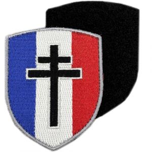 Ecusson Croix de Lorraine Forme Bouclier | Patch Drapeau Francais Militaire avec Dos Scratch | France Libre Historique, Brodé 75 x 65 mm (Atodaleche, neuf)
