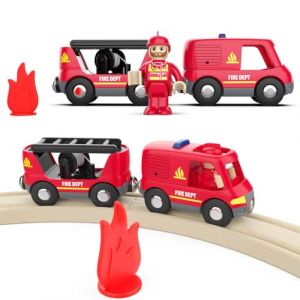 Cylora Camion de Pompiers Son et Lumi&egrave;re- Syst&egrave;me d'attache Aimant&eacute;e- pour Circuit de Train en Bois, Compatible avec Thomas, Brio, Jouet pour gar&ccedil;ons et Filles &agrave; partir de 3 Ans (haoshiguan, neuf)