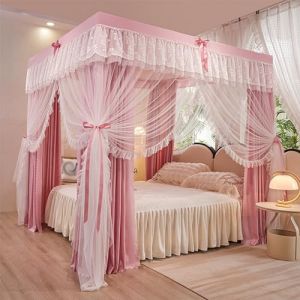 Rideau à baldaquin de lit princesse en dentelle luxueuse à volants aux 4 coins, élégant rideau de lit double couche confortable for rideaux de lit double, queen, king size(Peach Pink,150x200cm/Full) (ZHENGJIE, neuf)