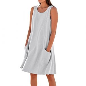 Robe Femme Chic Et Elegant Grande Taille D'&eacute;t&eacute; Robe Fluide Plage Courte sans Manches Vetement Femme Ete Boheme Coton Col Rond Summer Dress Et Ventes Flash Blanc XL (⭐⭐⭐⭐⭐DUIGUN（Livraison 5-14 jours）, neuf)