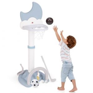 GOPLUS 4 en 1 Panier de Basket Enfants R&eacute;glable 114-152 cm, Effet Sonore de But, Tableau de Score Electronique en Forme de Lune, Football, Jeu de Golf, Anneaux, pour Int&eacute;rieur Ext&eacute;rieur (Bleu) (Augenstern24, neuf)