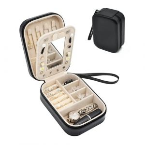 Boxudeli Boîte à bijoux voyage avec dragonne, petite boîte à bijoux en cuir PU avec miroir, boîtes à bijoux de voyage pour femmes et filles, boîte de rangement pour bijoux (Noir) (Boxudeli, neuf)