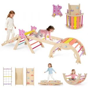GOPLUS 9 en 1 Triangle Escalade Montesorri pour Enfants 1 Ans+, Parcours Montesorri Bebe Bois Pliable avec Arche, Rampe, Corde&&Eacute;chelle, Pont, Aire de Jeux Int&eacute;rieur (Licorne|9 en 1,Multicolore) (Augenstern24, neuf)