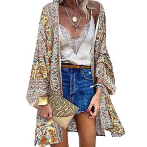 Kimono Plage Femme &Eacute;t&eacute; Cardigan de Plage Par&eacute;o Boho Bikini Cover Up Manches Longues Long Shawl Imprim&eacute; Floral Cache-Maillots et Sarongs Beachwear,Blanc cass&eacute;,M (XT-Direct, neuf)