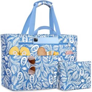 NEWIROVE Sac De Plage Femme, Grand Sac Plage Avec Fermeture &Eacute;clair Xxl Family Bag Imperm&eacute;able Pliable Beach Bag Cabas Femme Pour Piscine, Shopping, Vacances. 50L, Blues Ethnique (Newinere, neuf)