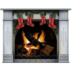 Autocollant Mural Chemin&eacute;e avec feu Br&ucirc;lant D&eacute;calcomanie Murale D&eacute;coration Bois de Chauffage Affiche Photor&eacute;aliste (Moyen Ivoire avec 4 Bas de No&euml;l) (Black Cat Art, neuf)