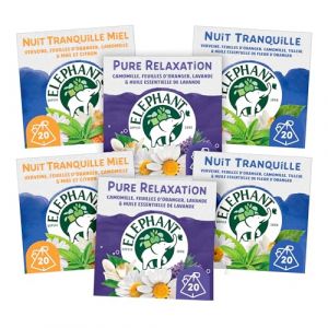 &Eacute;l&eacute;phant, Routine Relax, Infusions 120 Sachets Pyramid&reg; : Pure Relaxation, Nuit Tranquille, Nuit tranquille Miel, 100% d'ingr&eacute;dients d'origine naturelle, Lot de 6 x 20 sachets (Pennguin-FR-Home, neuf)