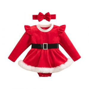 XIXIMAON Robe de Noël Bébé Fille Costume Père Noël Robe Princesse Rouge Déguisement Mère Noël Tenue de Fête Noël + Bandeau Enfant Fille (Rouge Fourrure Patch, 0-3 Mois) (qiyuesheng, neuf)