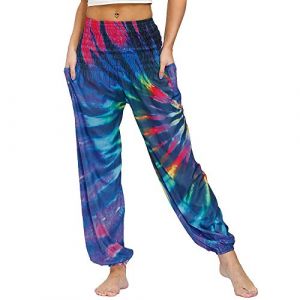 Nuofengkudu Femme Harem Pantalon Yoga Sarouel Legers Hippie Baggy Léger Ethnique Calqué Smockée Taille Haute avec Poches Été Plage (Taille Unique, Y-Cravate Teint B) (better Life, neuf)