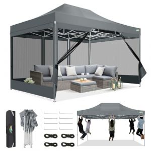 COBIZI Tonnelle Pliante 3x4,5 Imperméable,Tonnelle de Jardin Exterieur avec Moustiquaire Parois Latérales,Barnum Pliant 3x4,5,Anti UV Tonnelle Tente pour Exterieur Plage Terrasse (3 par 4,5m Gris) (Minirong, neuf)