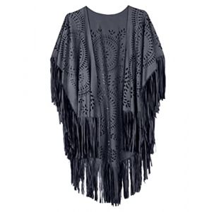 Minetom Poncho Femme R&eacute;tro Ouvert Ch&acirc;le Poncho Cape Cardigan Kimono Cover Up Wrap Veste Manteau Garniture &agrave; Franges Gris Fonc&eacute; Taille Unique (Mon Bon Coup FR, neuf)