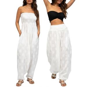 likemary Combinaison Femmes - Se Transforme en Pantalon Harem à Taille élastique - Combinaison Sarouel en Coton Taille Unique Convertible en Pantalons Harem d’été Avec Poches - Lotus Blanc (likemary, neuf)